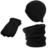 Unisex Siyah Kışlık Parmaksız Polar Eldiven - Kulaklıklı Polar Bere - Ipli Polar Boyunluk 3'lü Set