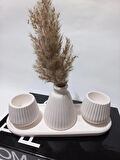 PAMPAS VAZOLU TABAKLI İKİLİ TEALİGHT MUMLUK SET BEYAZ