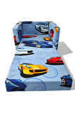 Çocuk Yatağı Komple Sünger Katlanabilir Koltuklu-(0-6 YAŞ)%100 Pamuklu Mavi Araba Desenli