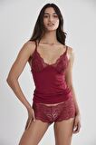 Kadın Dantelli Penye Atlet Külot / Kaşkorse Set - 332 Bordo