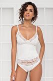 Kadın Dantelli Penye Atlet Külot / Kaşkorse Set - 365 Ekru