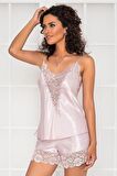 Kadın Saten Dantelli Pijama Şort Takım - 430 Pudra