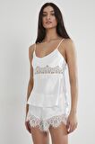 Kadın Saten Dantelli Pijama Şort Takım - 435 Ekru