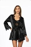 Kadın Saten Dantelli 3'lü Pijama Şort  & Sabahlık Takım 2490 Siyah
