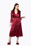 Kadın Bordo Saten Dantelli Gecelik & Sabahlık Takım 4370