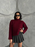 Explode - Kadın Bordo Örgülü Balıkçı Yaka Oversize Triko Kazak