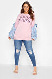 Büyük Beden Yazı Baskılı Bisiklet Yaka Sweatshirt 173598