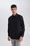 DeFacto Siyah Relax Fit Polo Yaka Twill Modal Karışımlı Basic Düz Uzun Kollu Gömlek D3376AX24AUBK26