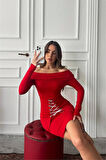 Dipmoda kadın carmen yaka korse elbise DPDF017