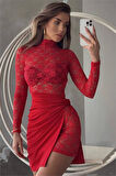 Dipmoda kadın kırmızı mini dantel elbise DPDF016