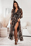 Dipmoda kadın kemerli leopar desenli uzun elbise DPEMP2152