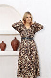 Dipmoda kadın leopar midi boy kemerli saten elbise RSSN51