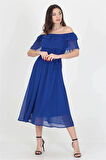 Dipmoda kadın saks mavisi madonna yaka bağlama detaylı şifon elbise RY8060