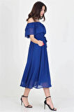 Dipmoda kadın saks mavisi madonna yaka bağlama detaylı şifon elbise RY8060