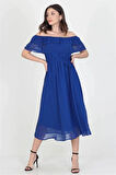 Dipmoda kadın saks mavisi madonna yaka bağlama detaylı şifon elbise RY8060