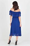 Dipmoda kadın saks mavisi madonna yaka bağlama detaylı şifon elbise RY8060