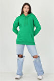 Dipmoda kadın yeşil kapüşonlu kanguru cepli üç iplik sweatshirt FVR002