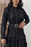 Kadın siyah kemerli özel tasarım dantel detaylı elbise DPMS2547