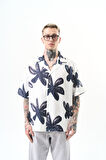 Erkek Flow Pattern Baskılı Oversize Gömlek Beyaz