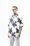 Erkek Flow Pattern Baskılı Oversize Gömlek Beyaz