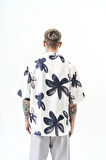 Erkek Flow Pattern Baskılı Oversize Gömlek Beyaz