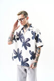 Erkek Flow Pattern Baskılı Oversize Gömlek Beyaz