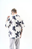 Erkek Flow Pattern Baskılı Oversize Gömlek Beyaz