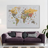 Harita Sepeti Türkçe Dünya Haritası Çok Detaylı Ünlü Yerler Sembollü Kanvas Tablo 1747