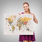 Harita Sepeti Türkçe Dünya Haritası Çok Detaylı Ünlü Yerler Sembollü Kanvas Tablo 1747
