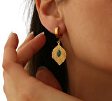 Kadın Çelik Firuze Doğaltaşlı Yaprak Küpe Altın Renk