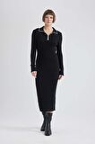 DeFacto Regular Fit Polo Yaka Yarım Fermuarlı Uzun Kollu Maxi Elbise C1493AX24SPBK27