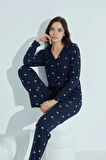 Kadın Düğmeli Deseni Pijama Takımı Gömlek Yaka Waynap 952