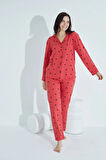 Kadın Düğmeli Deseni Pijama Takımı Gömlek Yaka Waynap 952