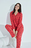Kadın Düğmeli Deseni Pijama Takımı Gömlek Yaka Waynap 952