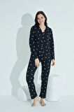 Kadın Düğmeli Deseni Pijama Takımı Gömlek Yaka Waynap 952