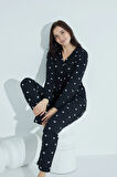 Kadın Düğmeli Deseni Pijama Takımı Gömlek Yaka Waynap 952