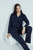 Kadın Düğmeli Deseni Pijama Takımı Gömlek Yaka Waynap 955