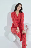 Kadın Düğmeli Deseni Pijama Takımı Gömlek Yaka Waynap 955