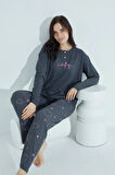 Kadın Düğmeli Desenli Pijama Takımı Yazılı Waynap 956