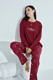 Kadın Düğmeli Desenli Pijama Takımı Yazılı Waynap 956