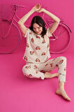 Kadın Desenli Pijama Takımı Bisiklet Yaka Pijama Waynap 4130