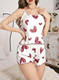 Kadın Beyaz Kalp desenli Şortlu Gecelik Pijama Takımı 5052
