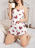 Kadın Beyaz Kalp desenli Şortlu Gecelik Pijama Takımı 5052