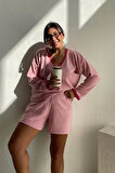 V Yaka Pembe Yumoş Şort Takım