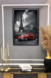 Eyfel Kulesi ve Klasik Kırmızı Araba Dijital Baskılı Kadife Kumaş Çerçeveli Tablo TBL0084