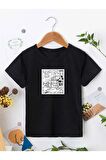 Ünisex Rahat Kalıp Pamuklu Baskılı Siyah Çocuk T-shirt