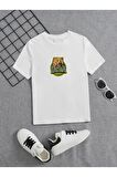 Ünisex Rahat Kalıp Pamuklu Baskılı Beyaz Çocuk T-shirt