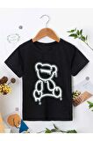 Ünisex Rahat Kalıp Pamuklu Baskılı Siyah Çocuk T-shirt