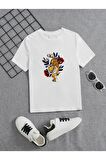 Ünisex Rahat Kalıp Pamuklu Baskılı Beyaz Çocuk T-shirt