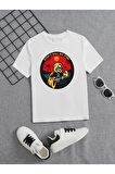 Ünisex Rahat Kalıp Pamuklu Baskılı Beyaz Çocuk T-shirt